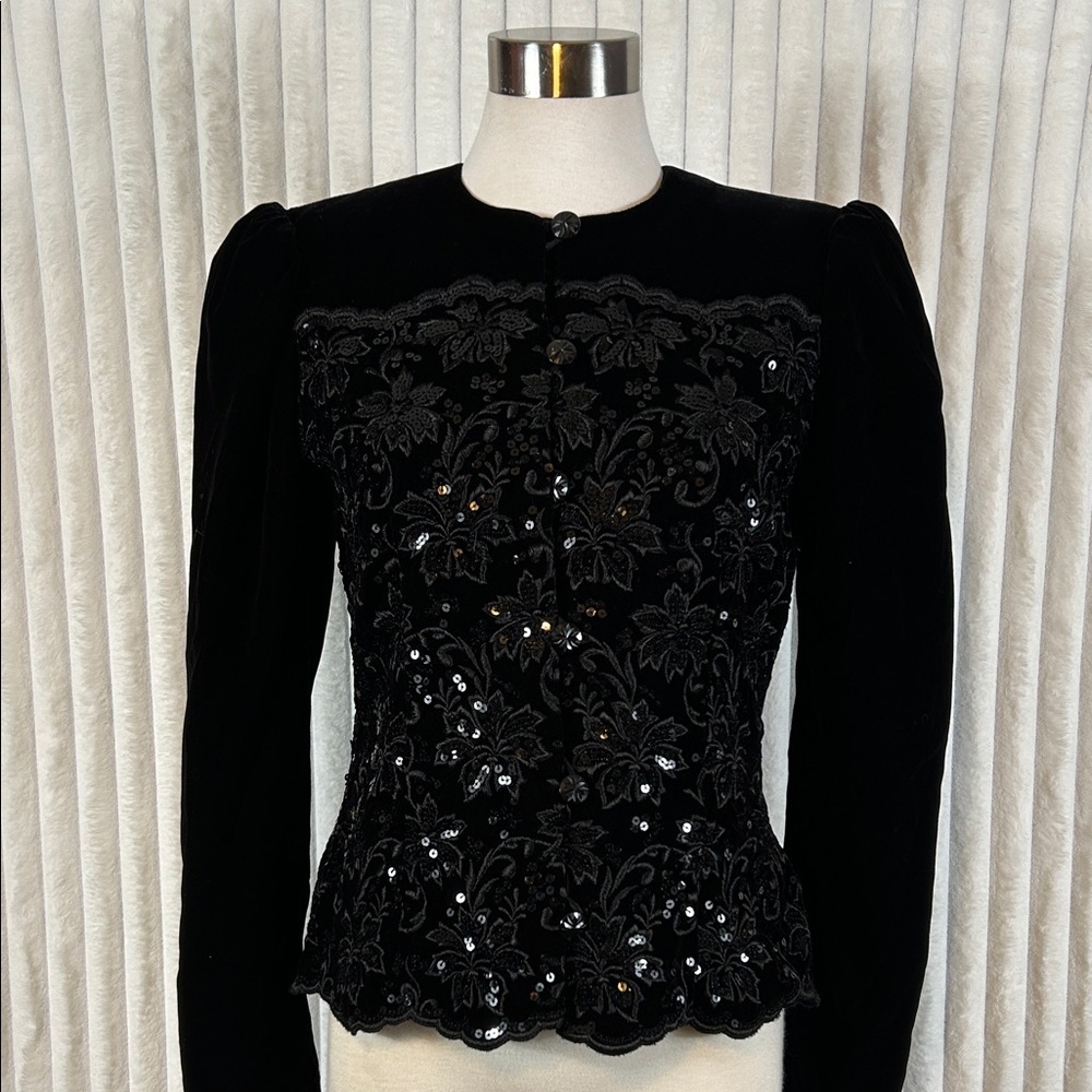 Vintage Jessica McClintock, black velvet sequin floral embroidered jacket/top 8